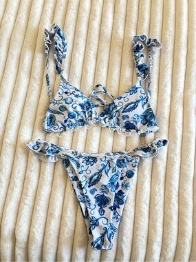 Shein Two piece Blue Floral Ruffle Bikini Set